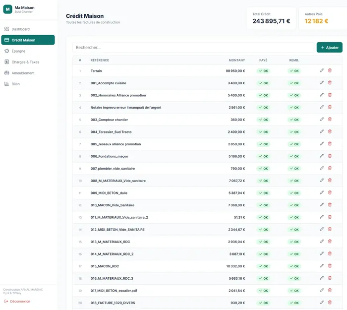 Le module crédit : la liste des factures de construction avec leur montant, leur date et leur statut de paiement