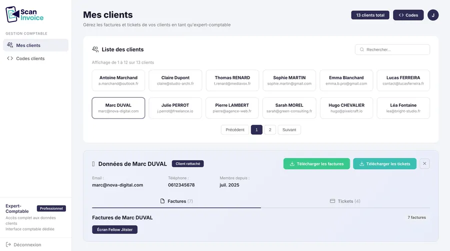 La liste des clients du cabinet comptable, chacun avec son nom et son adresse de contact