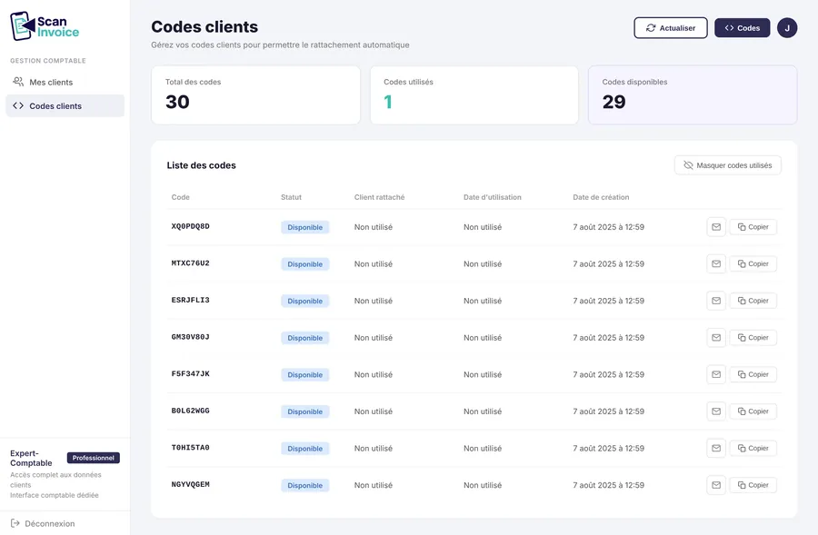 L'écran des codes clients : le total acheté, les codes utilisés, les codes disponibles, et le tableau de leur statut