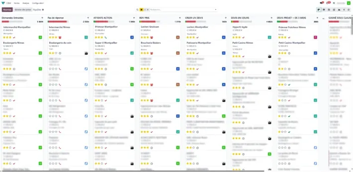 Le pipeline commercial dans Odoo, avec les opportunités classées par étape et par commercial