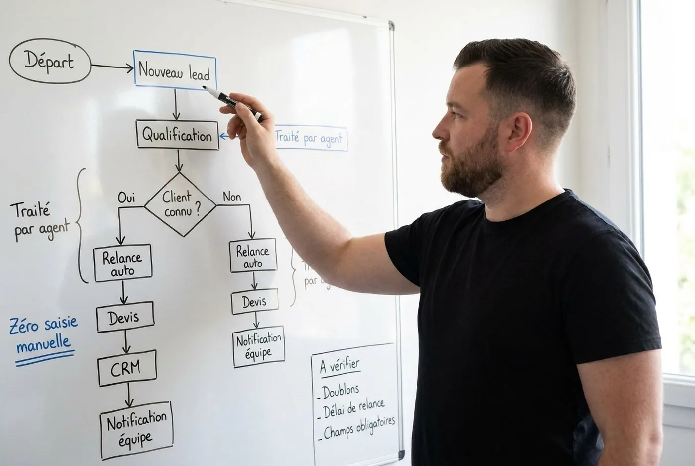 Nicolas Leroy trace au tableau le workflow d'un lead : qualification, relance automatique, devis, CRM